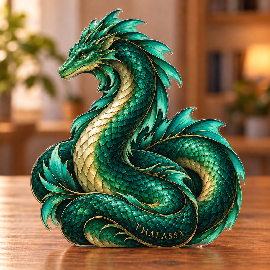 Digital preview of an emerald-colored fantasy sea-serpent-shaped acrylic plaque with THALASSA integrated along its lowest illustrated body coil