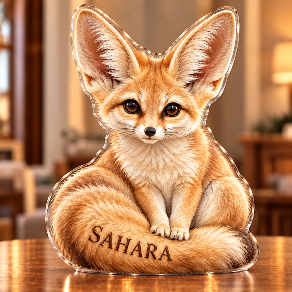Front-view digital preview of a honey and ivory fennec fox subject-shaped acrylic plaque with SAHARA printed on its lowest curled tail surface