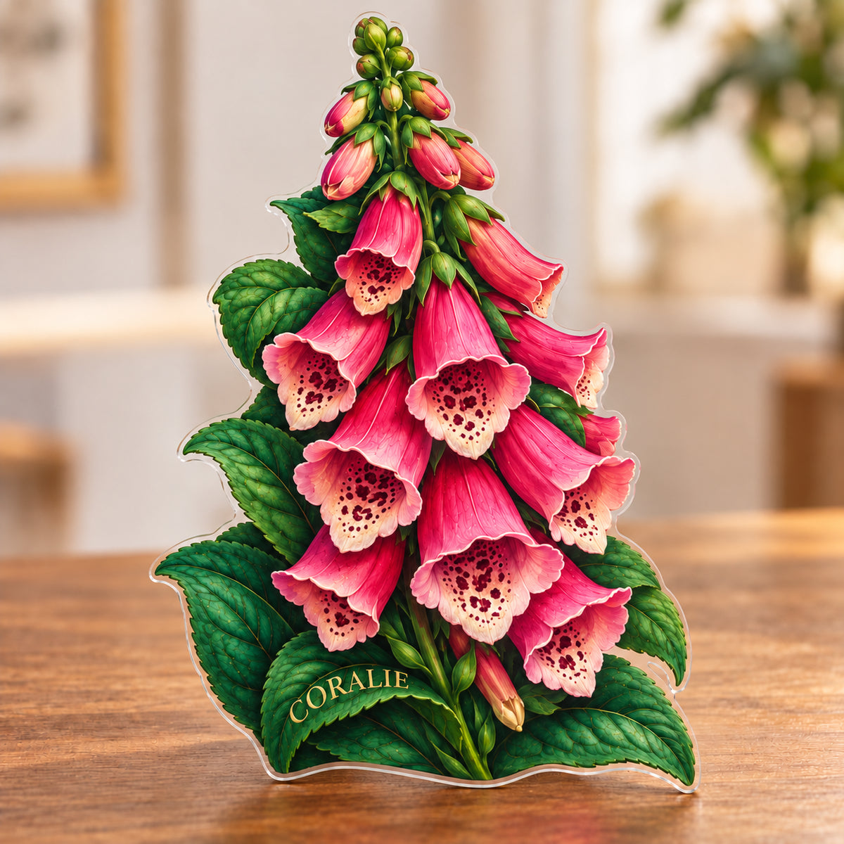 Digital preview of a foxglove-blossom-shaped acrylic plaque with CORALIE following its lowest illustrated dark emerald leaf