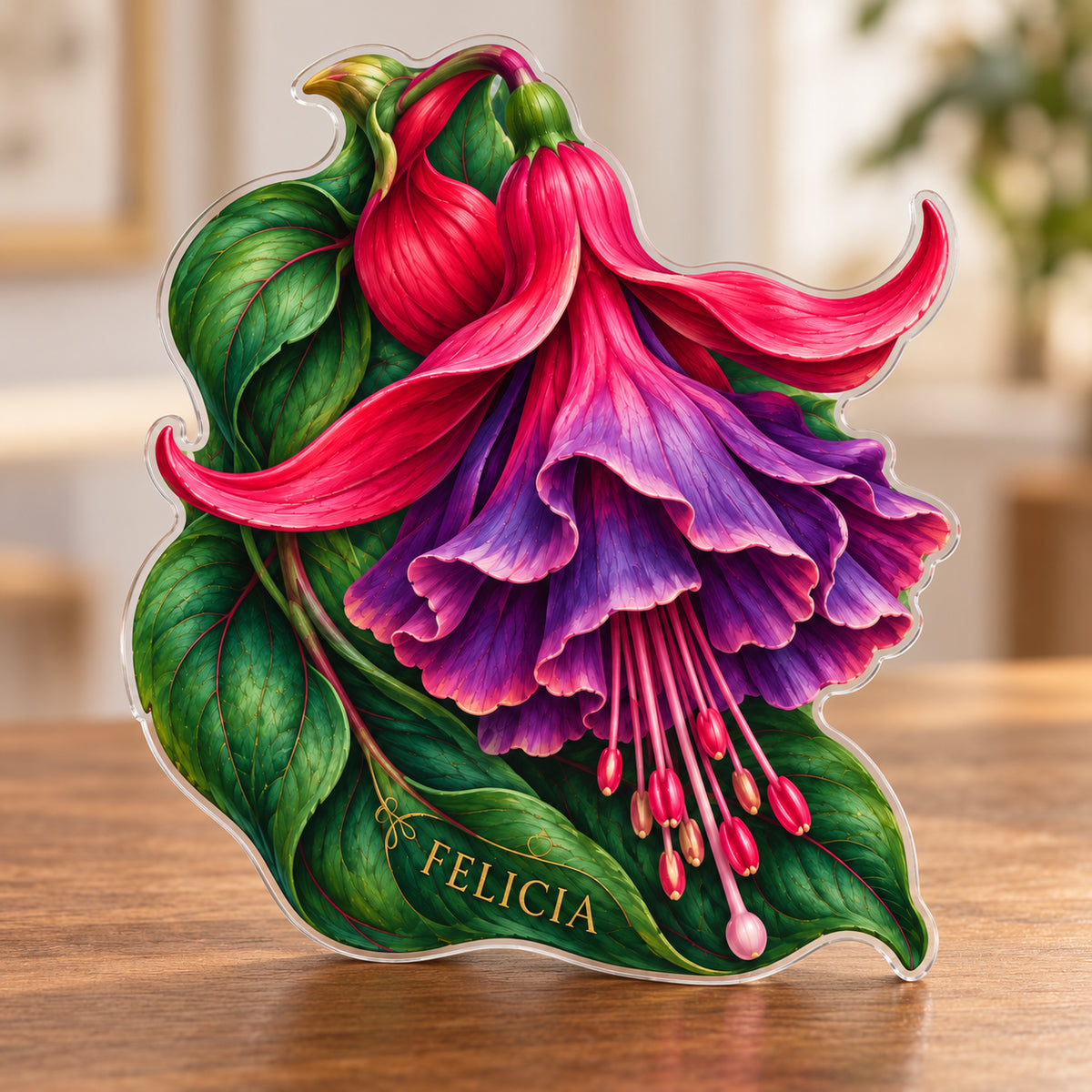 Digital preview of a fuchsia-blossom-shaped acrylic plaque with FELICIA integrated into its lowest illustrated emerald leaf