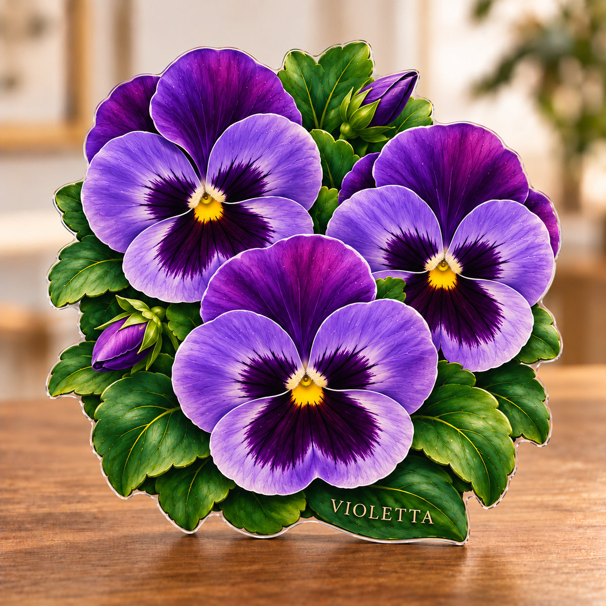 Digital preview of a violet garden-pansy-shaped acrylic plaque with VIOLETTA integrated along its lowest illustrated leaf