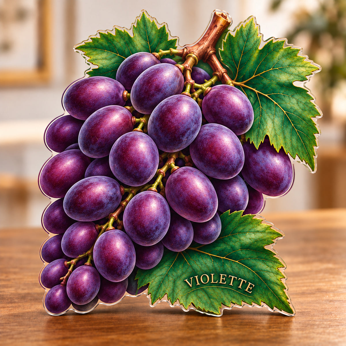 Digital preview of a grape-cluster-shaped acrylic plaque with VIOLETTE integrated along its lowest illustrated vine leaf
