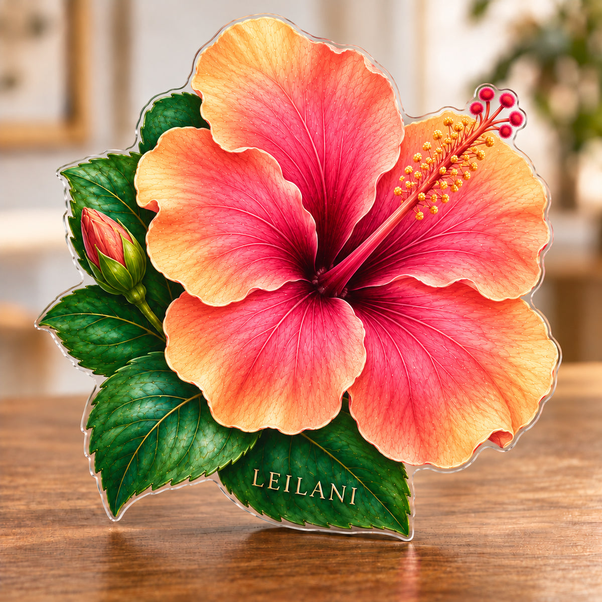 Digital preview of a hibiscus-shaped acrylic plaque with LEILANI integrated along the lowest illustrated emerald leaf