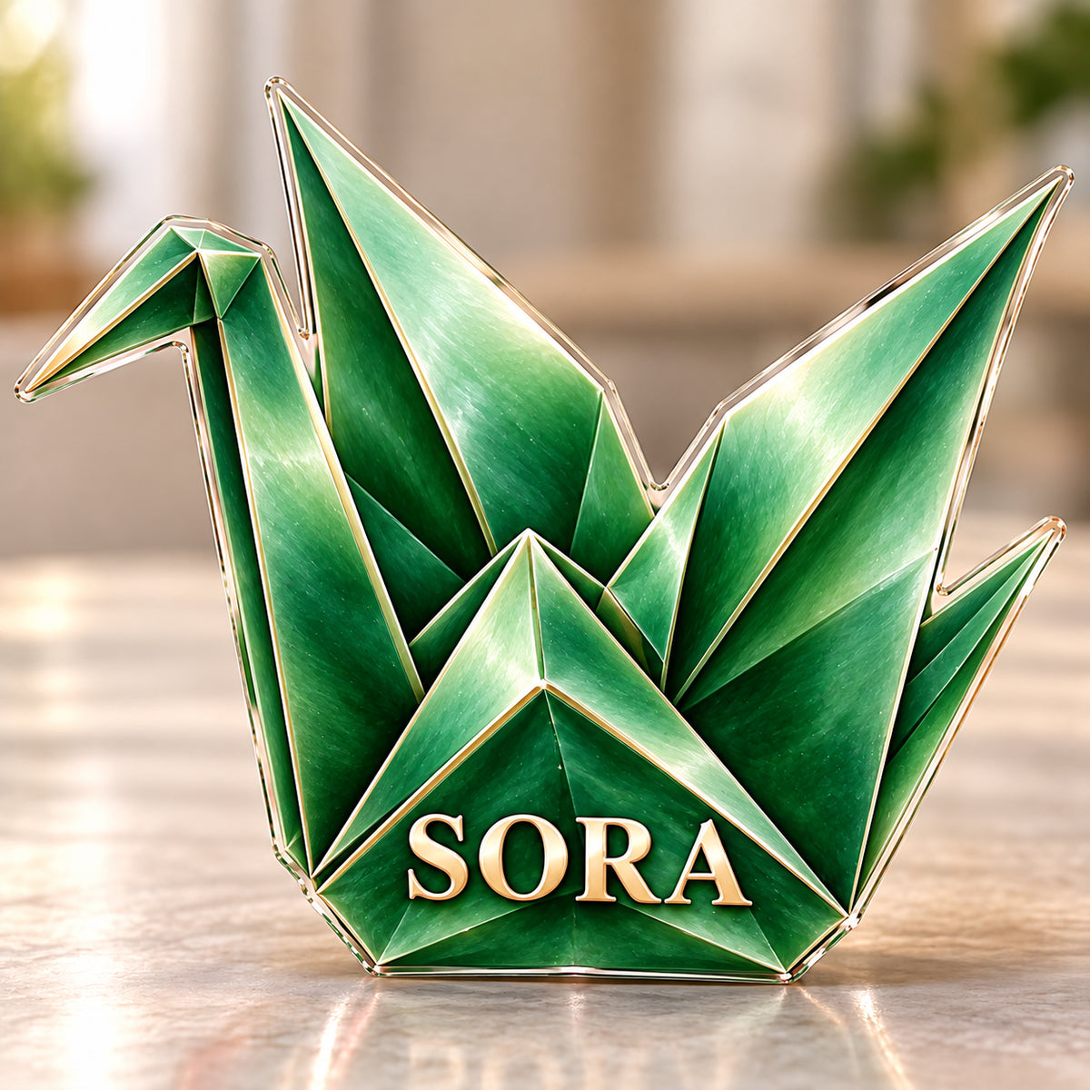 Front-view digital preview of a jade origami crane subject-shaped acrylic plaque with SORA printed on its lowest intrinsic illustrated folded body plane