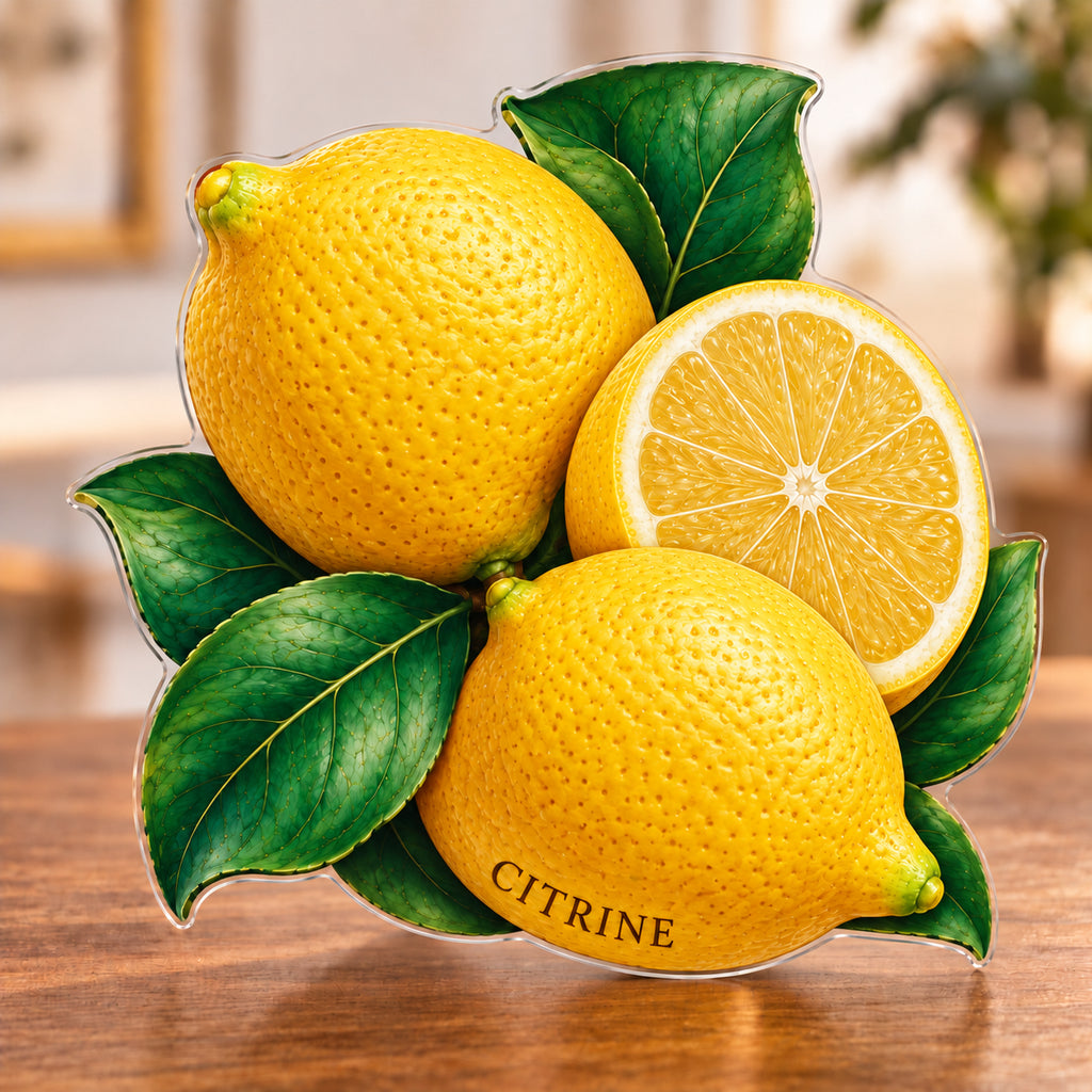 Digital preview of a lemon-cluster-shaped acrylic plaque with CITRINE integrated along the lowest illustrated yellow peel