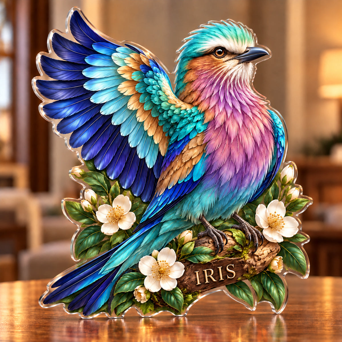 Front-view digital preview of a lilac breasted roller subject-shaped acrylic plaque with example name IRIS on the lowest intrinsic branch surface