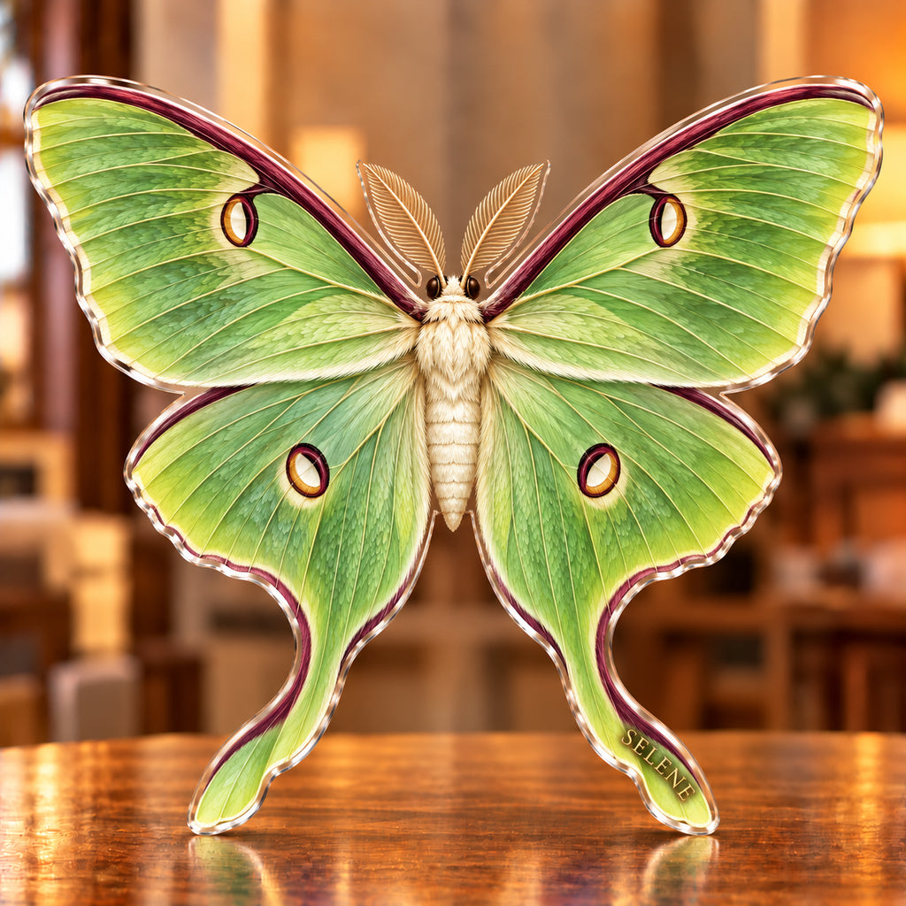 Digital preview of a luna-moth-shaped acrylic plaque with SELENE integrated along a lowest illustrated hindwing-tail section