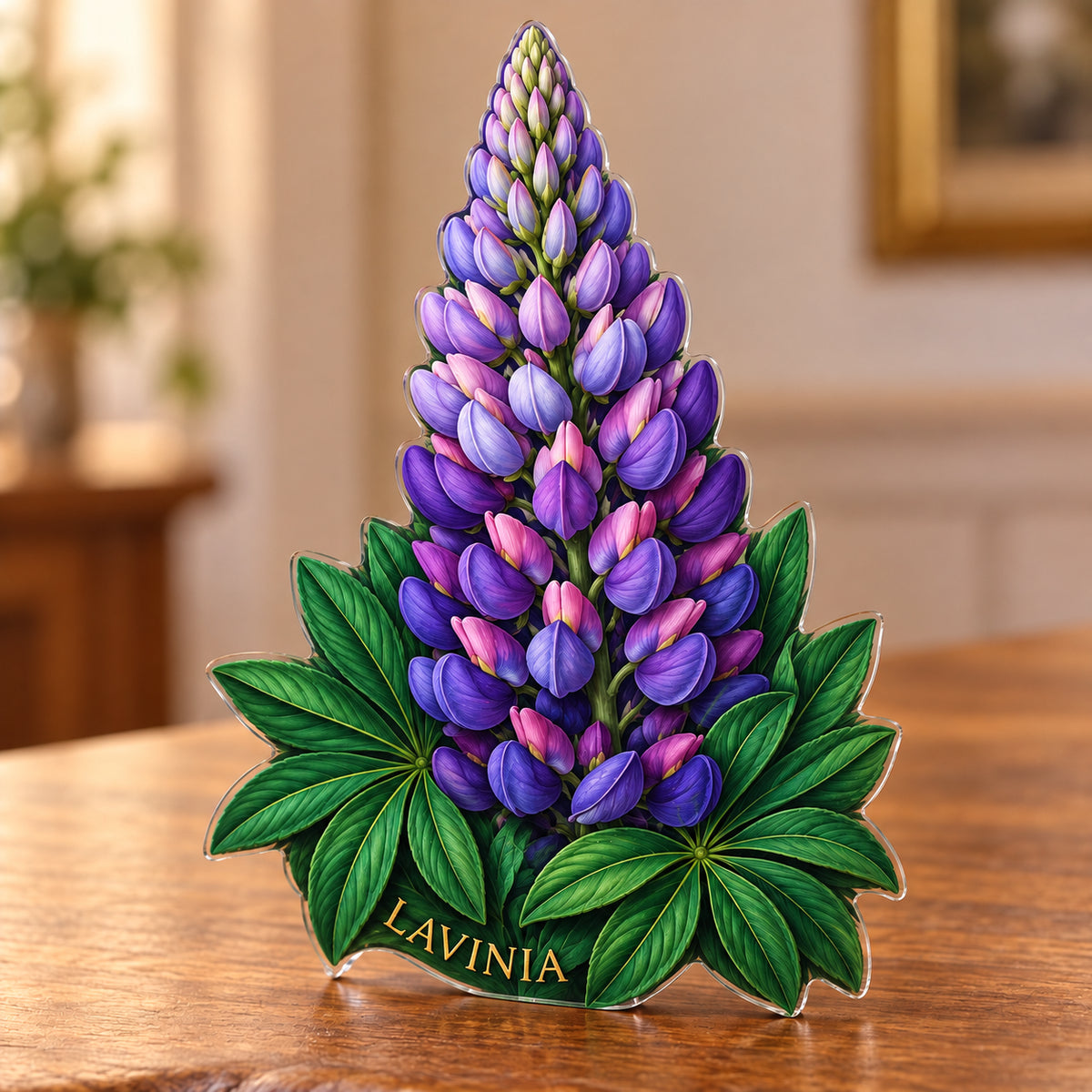 Digital preview of a lupine-blossom-shaped acrylic plaque with LAVINIA integrated along its lowest illustrated emerald leaf