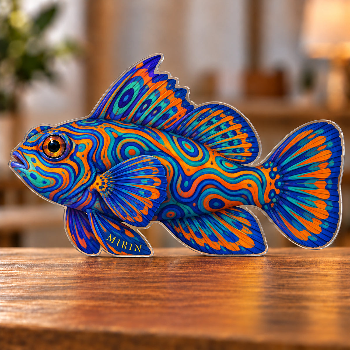 Digital preview of a mandarinfish-shaped acrylic plaque with MIRIN integrated along the lowest illustrated pelvic fin