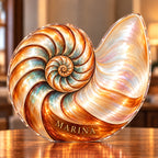 Front-view digital preview of a pearl and amber nautilus shell subject-shaped acrylic plaque with MARINA printed on its lowest shell surface