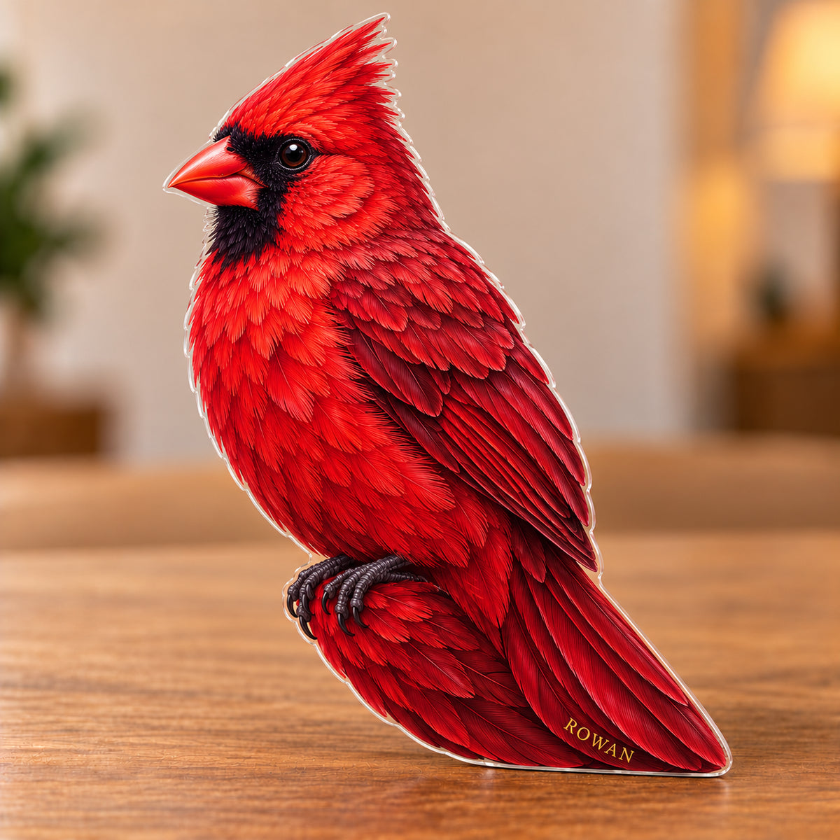 Digital preview of a red Northern-cardinal-shaped acrylic plaque with ROWAN integrated along its lowest illustrated tail feather