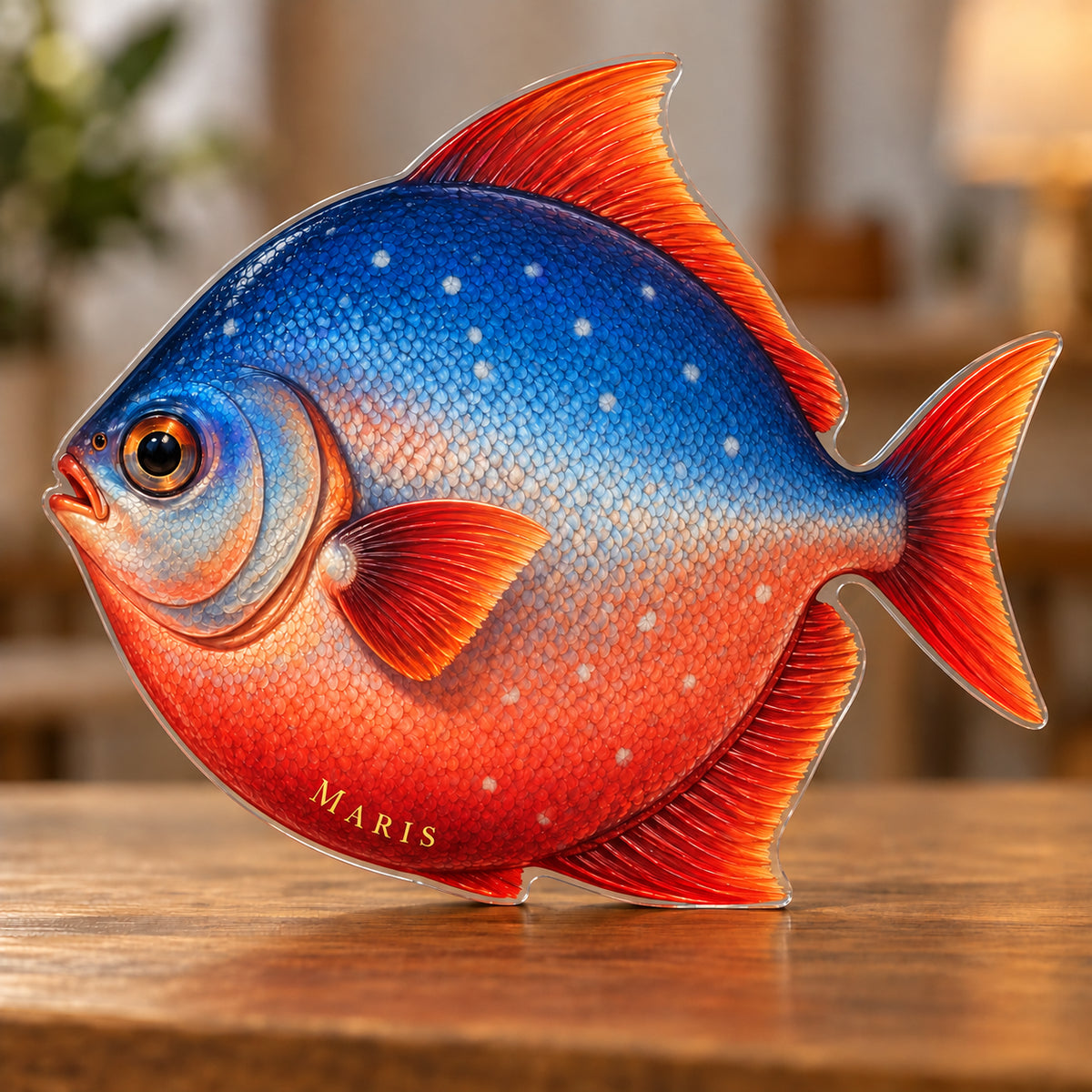 Digital preview of an opah-moonfish-shaped acrylic plaque with MARIS integrated along its lowest illustrated coral belly