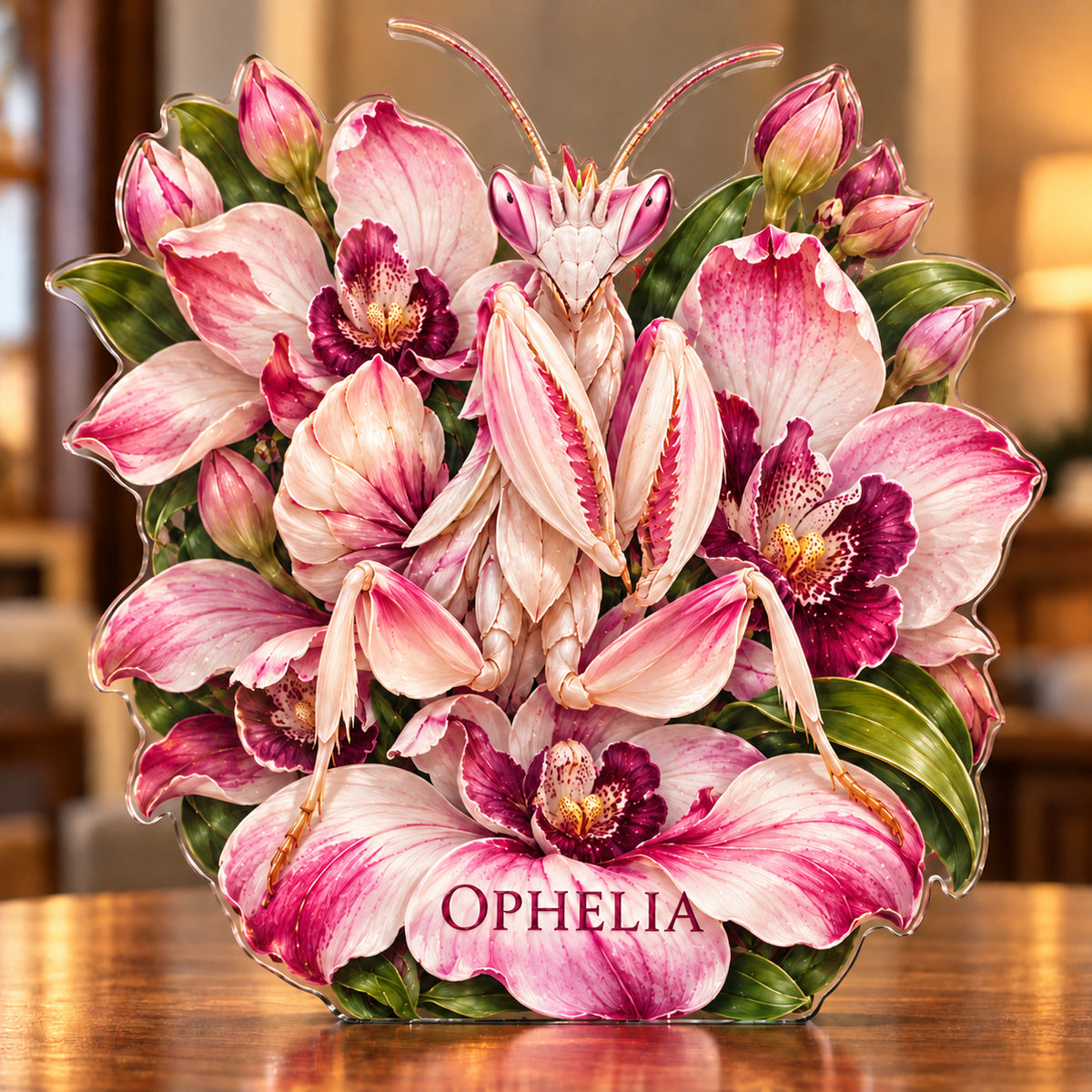Front-view digital preview of a pink orchid mantis subject-shaped acrylic plaque with example name OPHELIA on the lowest intrinsic orchid petal