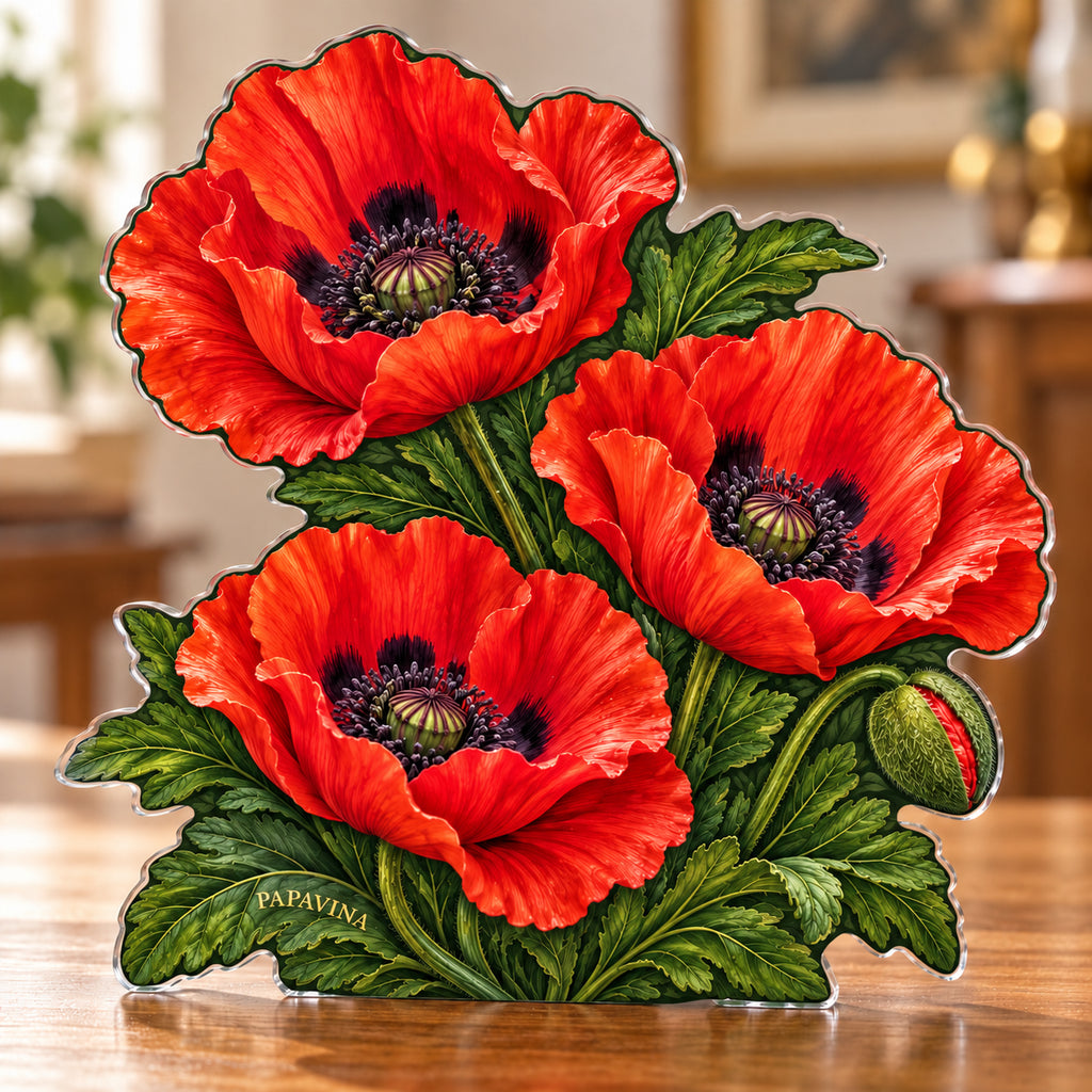 Digital preview of a red Oriental poppy-shaped acrylic plaque with PAPAVINA integrated along its lowest illustrated leaf