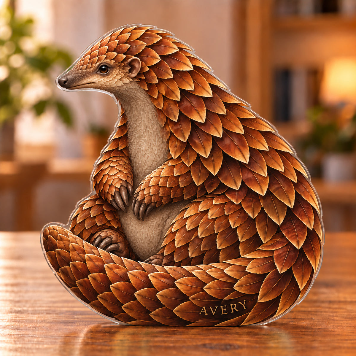 Digital preview of a pangolin-shaped acrylic plaque with AVERY integrated along its lowest illustrated tapered tail