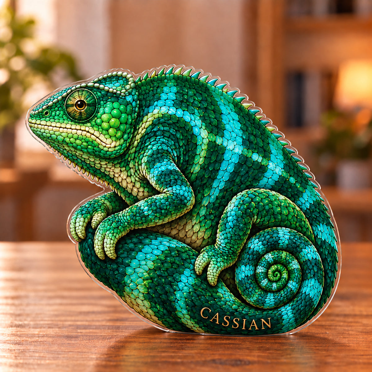 Digital preview of a panther-chameleon-shaped acrylic plaque with CASSIAN integrated along the lowest illustrated curled tail