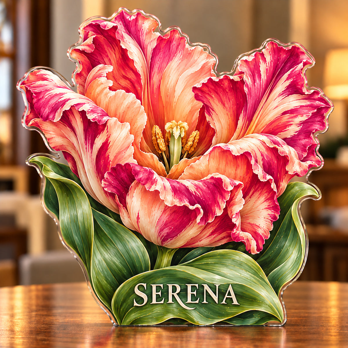 Front-view digital preview of a coral and raspberry parrot tulip subject-shaped acrylic plaque with SERENA printed on its lowest green leaf