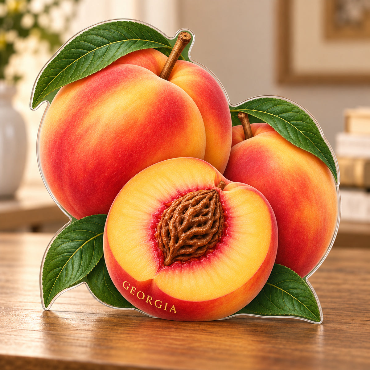 Digital preview of a coral-gold peach-shaped acrylic plaque with GEORGIA integrated along its lowest illustrated peel curve