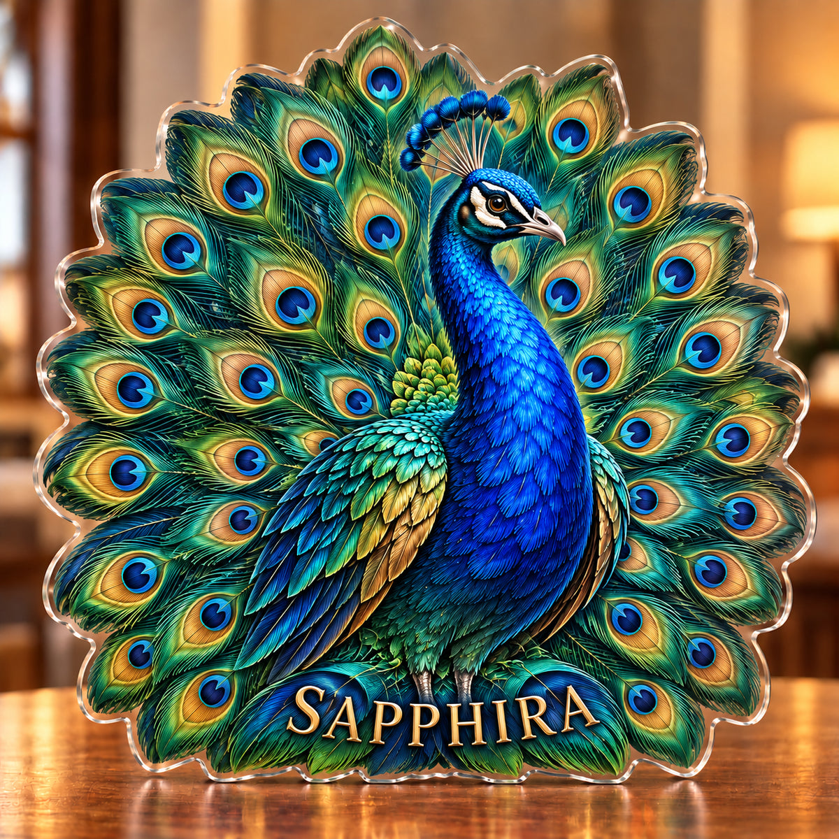 Front-view digital preview of a sapphire and emerald peacock subject-shaped acrylic plaque with SAPPHIRA printed on its lowest feather detail