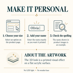 Personalization instructions and explanation of the flat printed 3D-look artwork; no size or thickness specifications