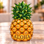 Front-view digital preview of a golden pineapple subject-shaped acrylic plaque with ALOHA printed on its lowest intrinsic illustrated fruit skin