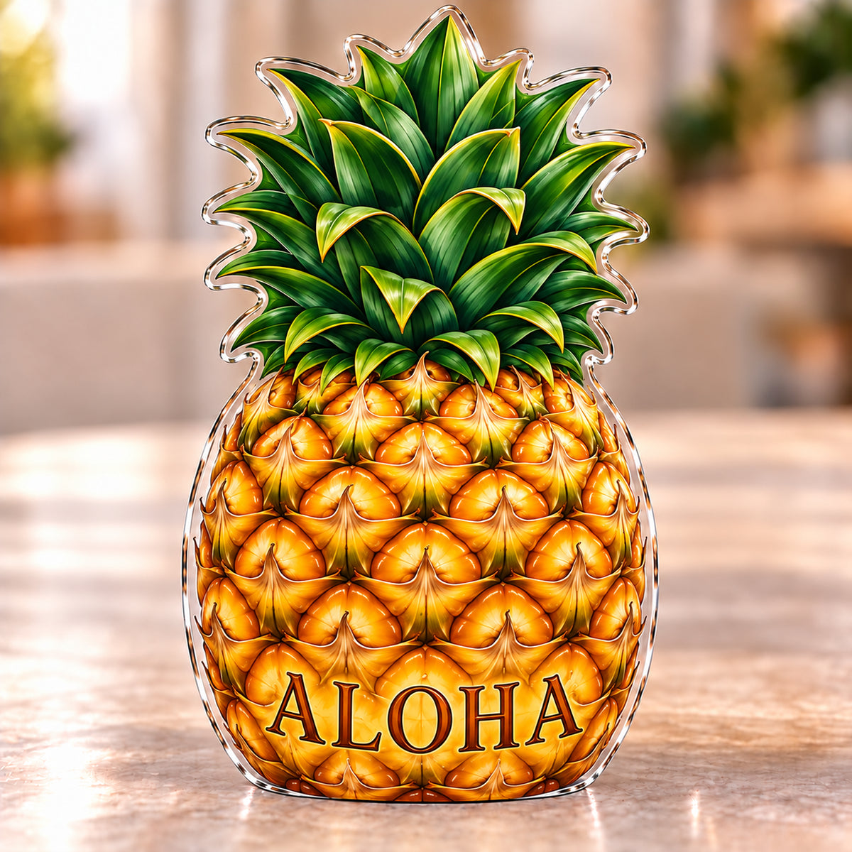 Front-view digital preview of a golden pineapple subject-shaped acrylic plaque with ALOHA printed on its lowest intrinsic illustrated fruit skin