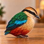 Digital preview of a pitta songbird-shaped acrylic plaque with PIPPA integrated along its lowest illustrated feather detail
