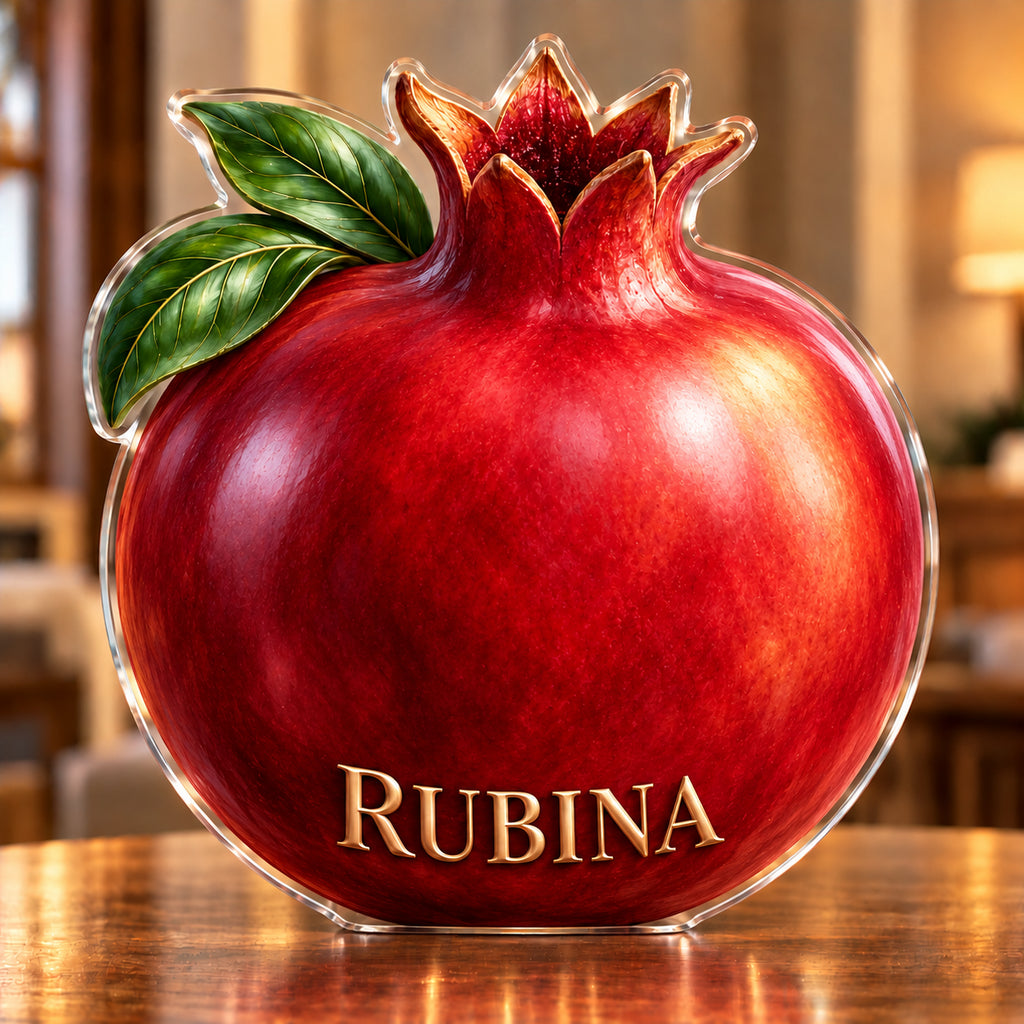 Front-view digital preview of a ruby pomegranate subject-shaped acrylic plaque with RUBINA printed on its lowest intrinsic fruit skin