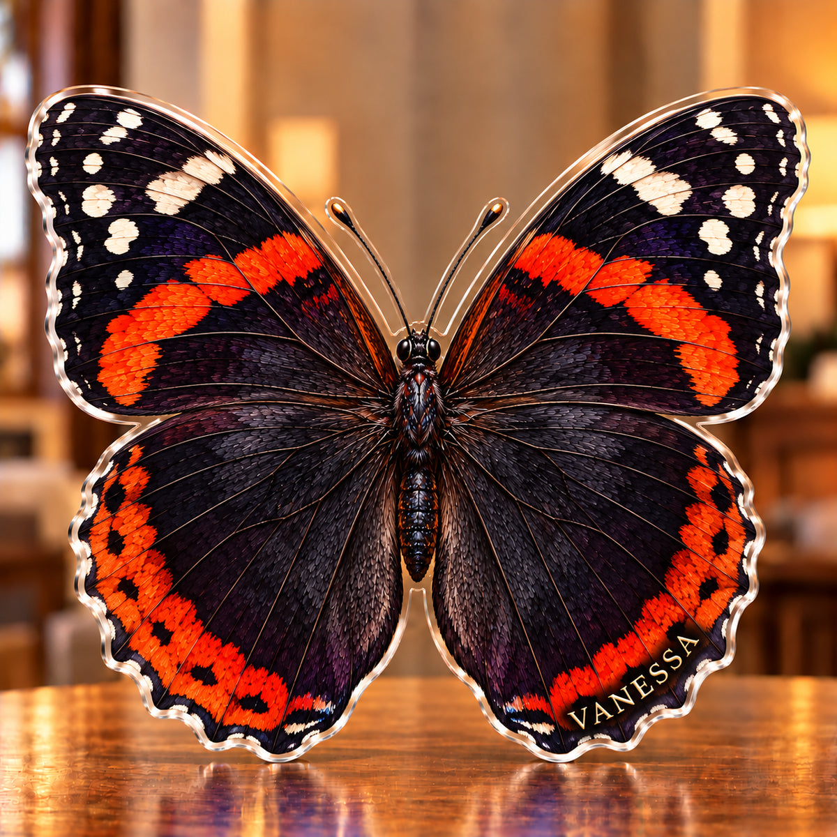 Digital preview of a red admiral butterfly-shaped acrylic plaque with VANESSA integrated along its lowest illustrated subject detail