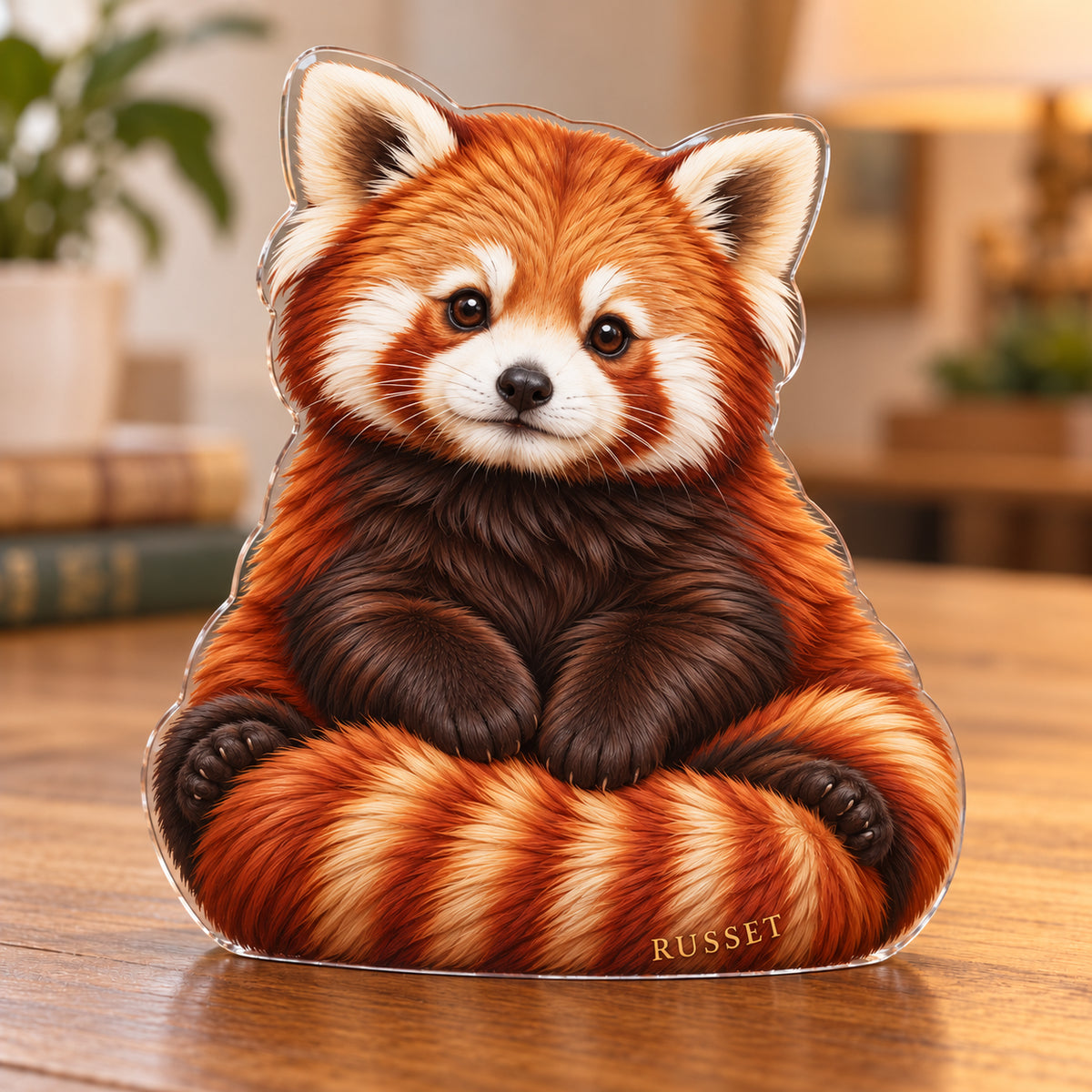 Digital preview of a russet red-panda-shaped acrylic plaque with RUSSET integrated along its lowest illustrated tail curve