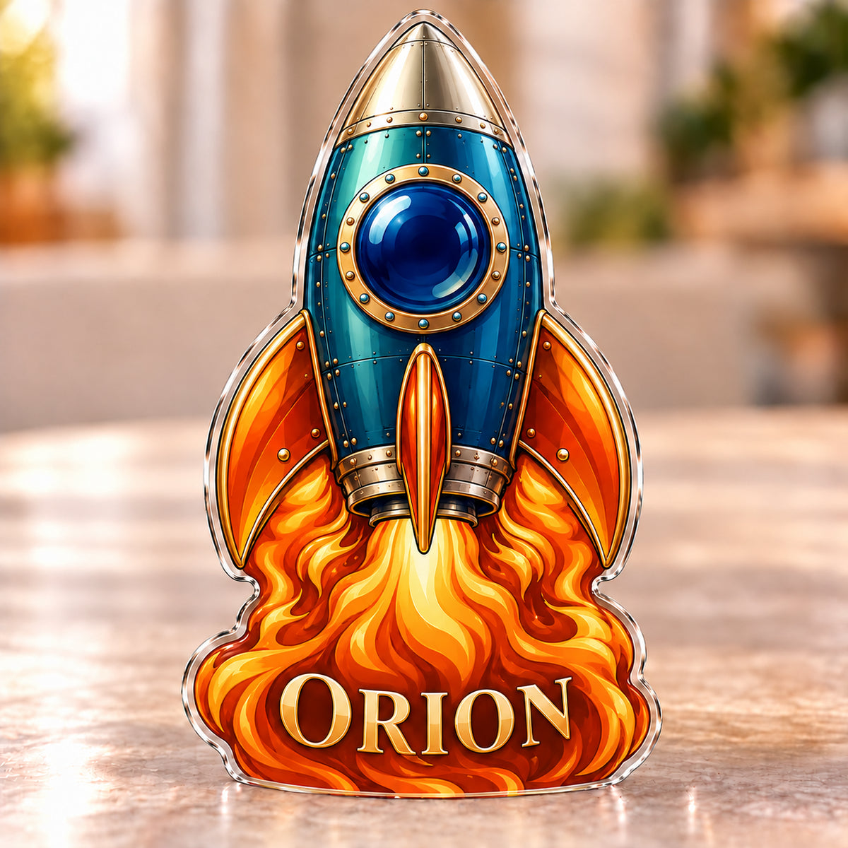 Front-view digital preview of a retro teal rocket subject-shaped acrylic plaque with ORION printed on its lowest intrinsic illustrated flame surface