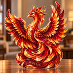 Front-view digital preview of a ruby and amber phoenix subject-shaped acrylic plaque with AURELIA printed on its lowest tail feather
