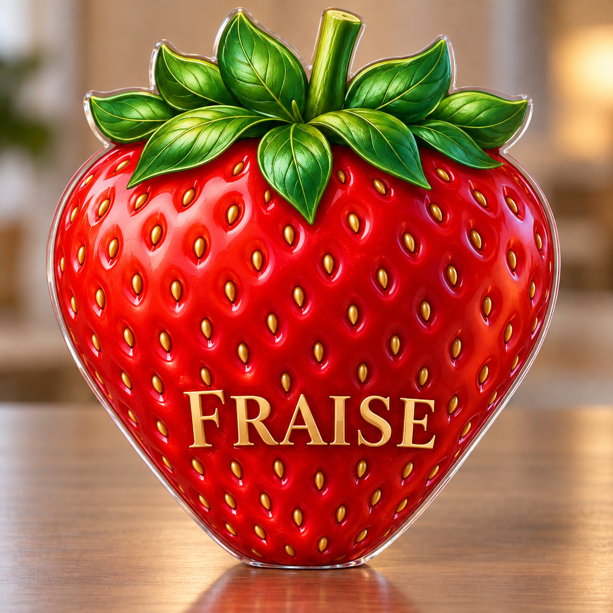 Digital preview of a ruby-red strawberry subject-shaped acrylic plaque with FRAISE printed across the lower fruit