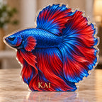 Digital preview of a sapphire-blue and ruby-red betta fish subject-shaped acrylic plaque with KAI on the lowest illustrated fin