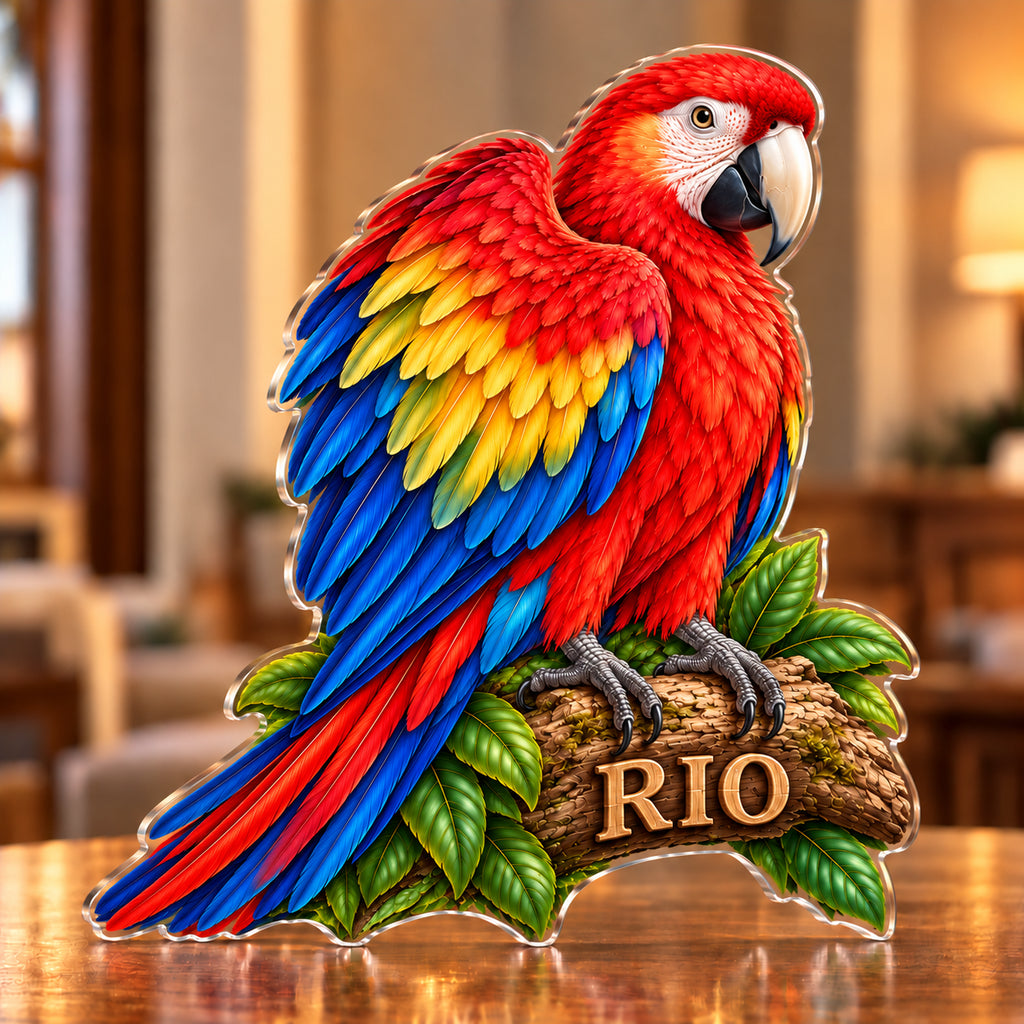 Front-view digital preview of a scarlet macaw subject-shaped acrylic plaque with RIO printed on its lowest intrinsic branch surface