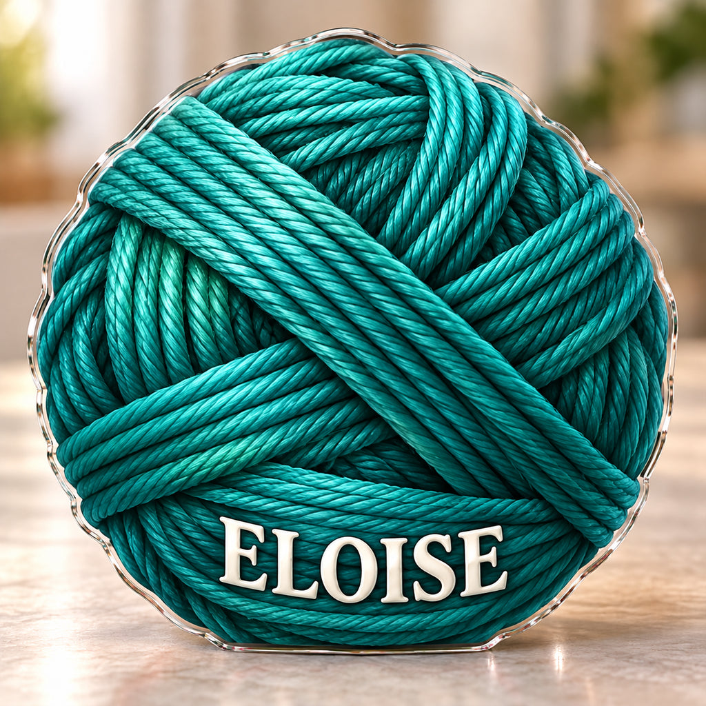 Front-view digital preview of a teal yarn ball subject-shaped acrylic plaque with ELOISE printed on its lowest intrinsic illustrated yarn band