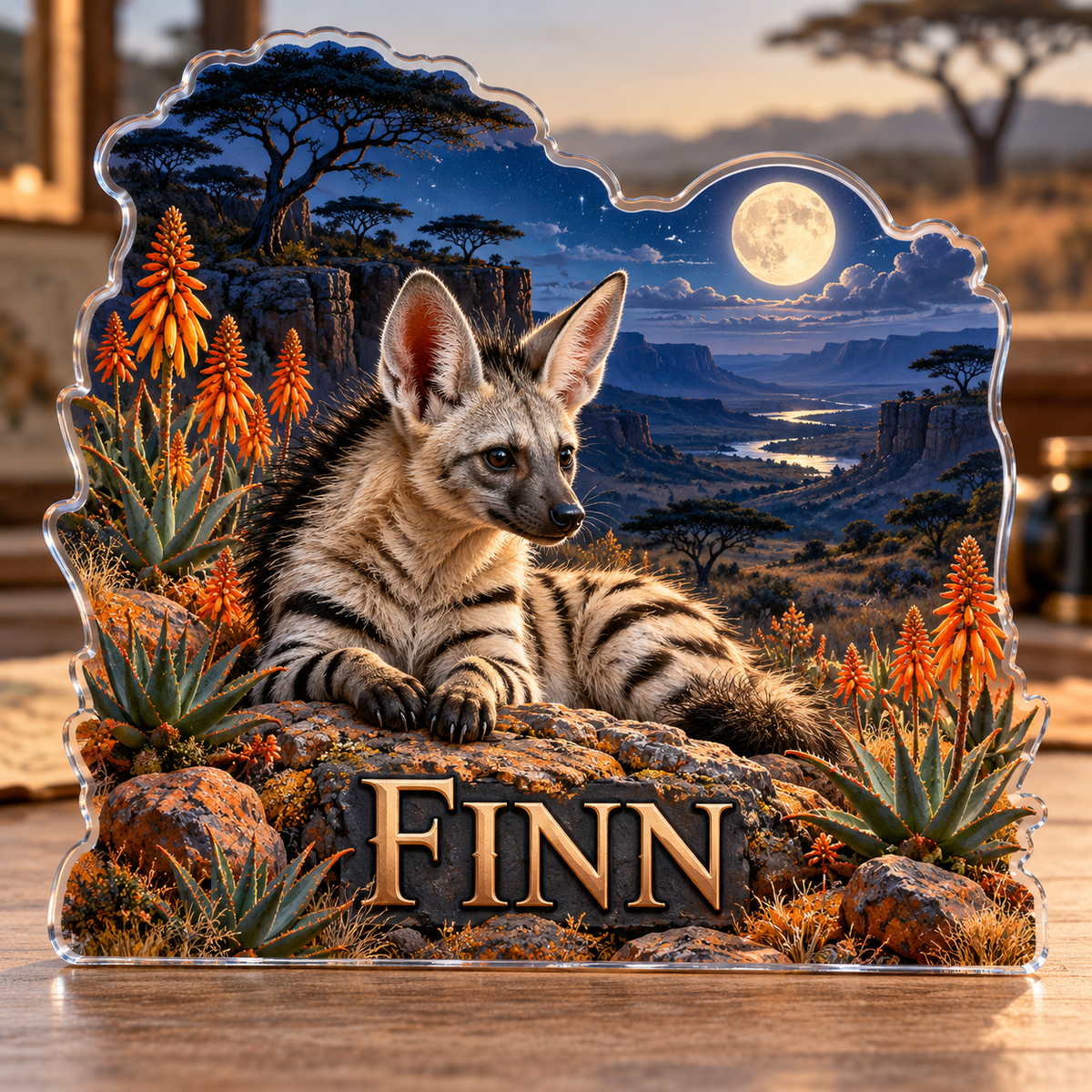 Front view of personalized aardwolf aloe moon savanna acrylic plaque with sample name FINN, displayed in a softly blurred African wildlife study