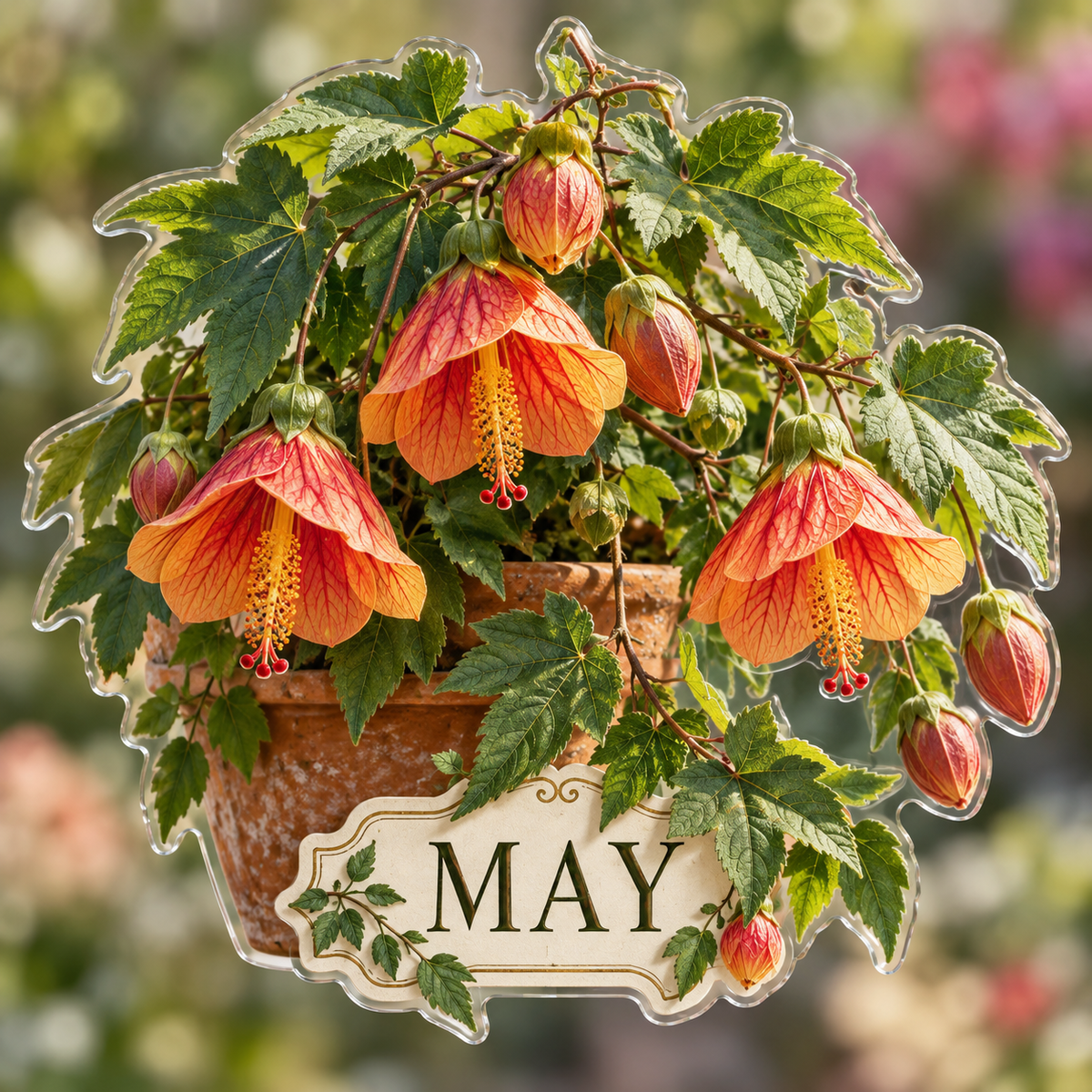 Front view of personalized abutilon lantern garden acrylic plaque with sample name MAY, displayed in a softly blurred sunlit abutilon lantern garden