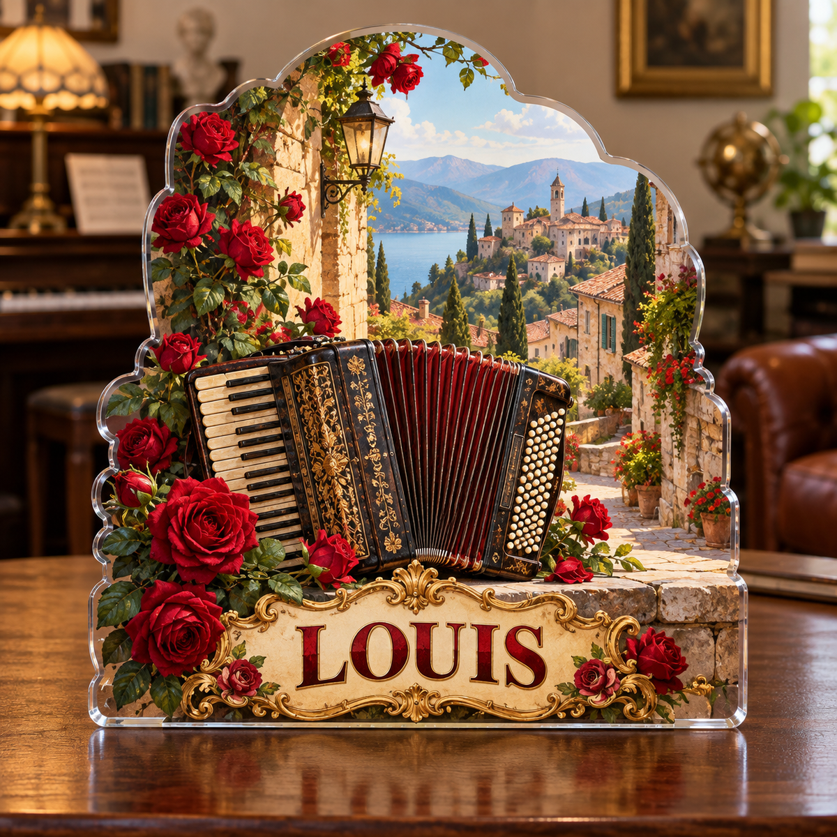 Front view of a accordion village rose custom-shape acrylic plaque with example name LOUIS, displayed in a softly blurred vintage music room on walnut console