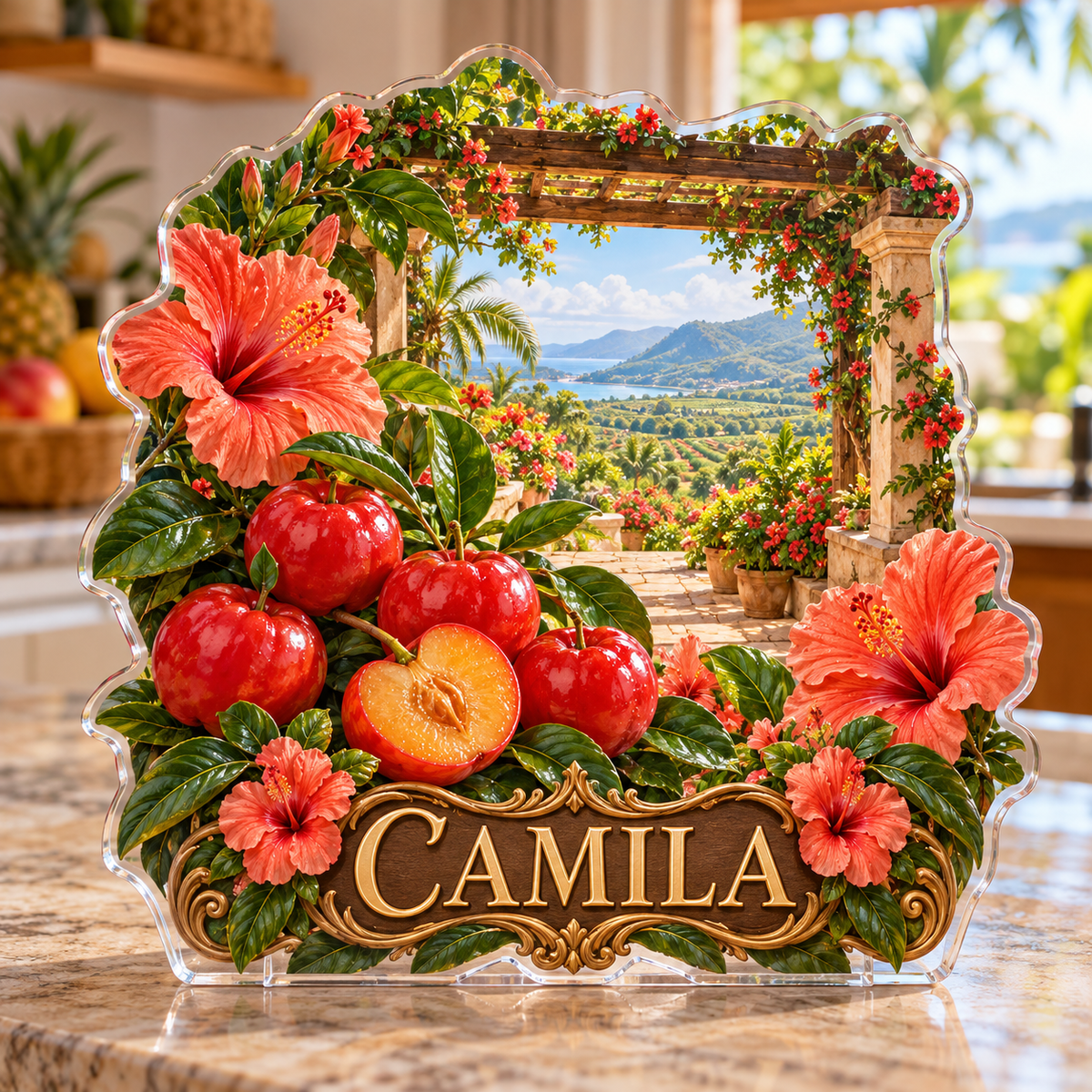 Front view of personalized acerola hibiscus garden pergola acrylic plaque with sample name CAMILA, displayed in a softly blurred sunny tropical kitchen