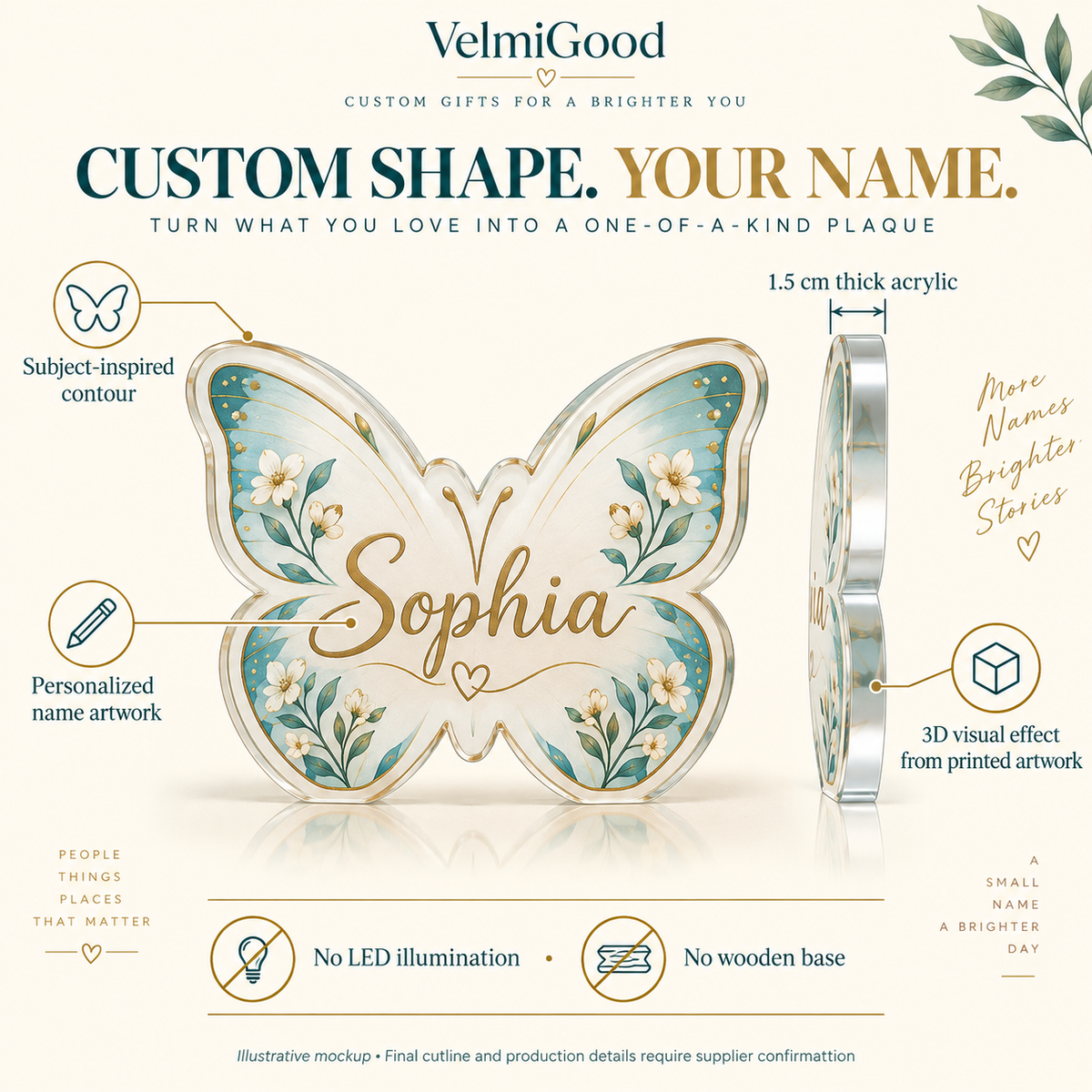 Custom shape acrylic plaque features: 0.59 inch solid acrylic, personalized name, printed 3D-look artwork, no LED or wooden base