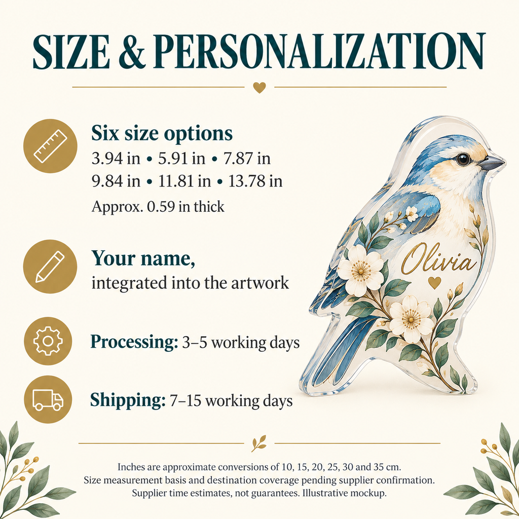 Size guide for the custom shape acrylic plaque: six sizes from 3.94 to 13.78 inches, about 0.59 inch thick