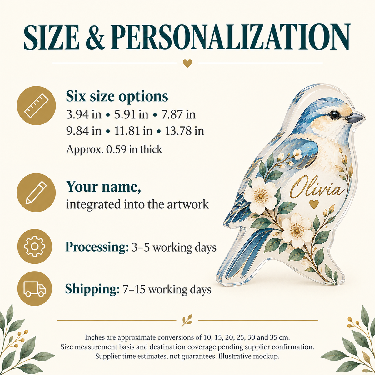 Size guide for the custom shape acrylic plaque: six sizes from 3.94 to 13.78 inches, about 0.59 inch thick
