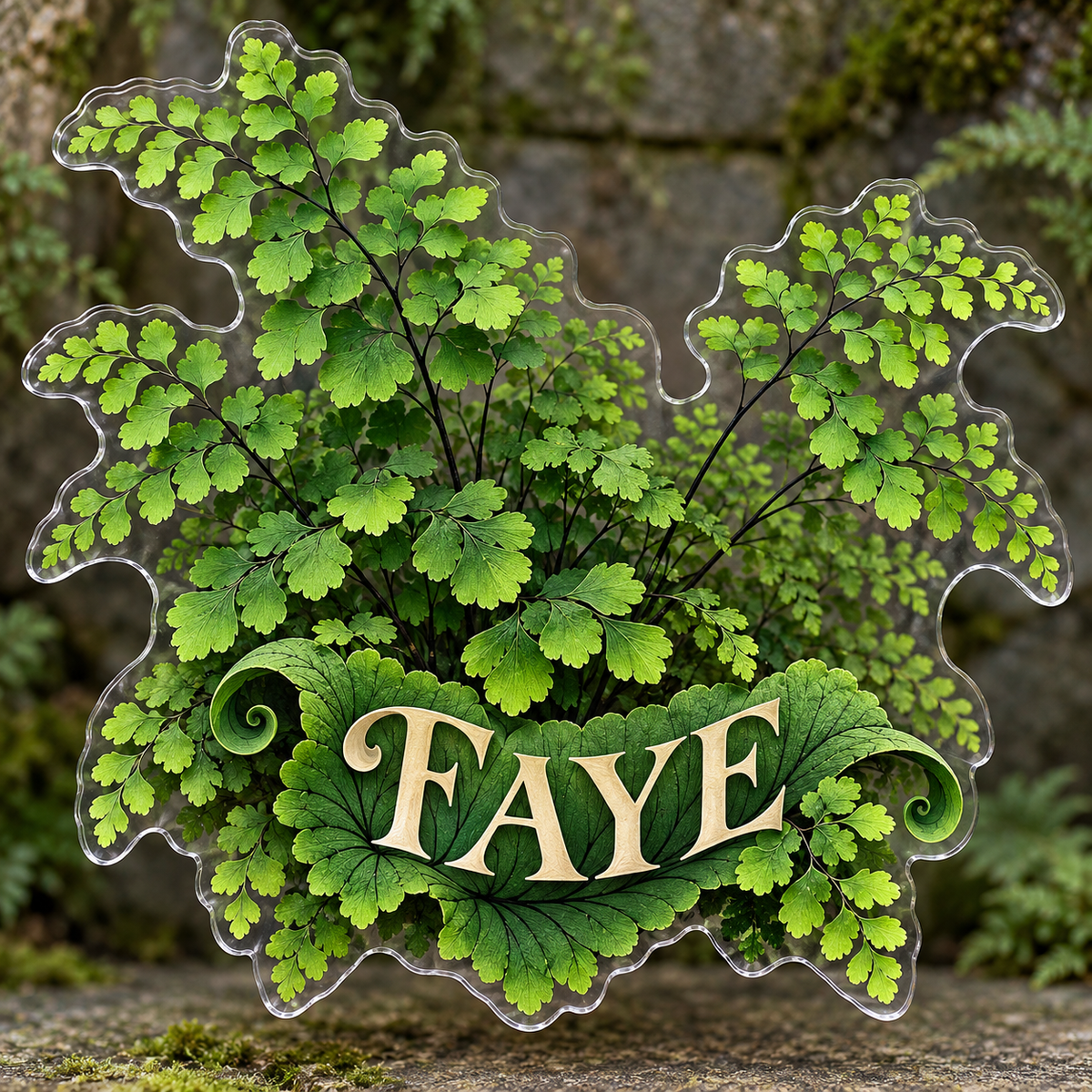 Front view of personalized adiantum maidenhair fern acrylic plaque with sample name FAYE, displayed in a softly blurred mossy woodland grotto