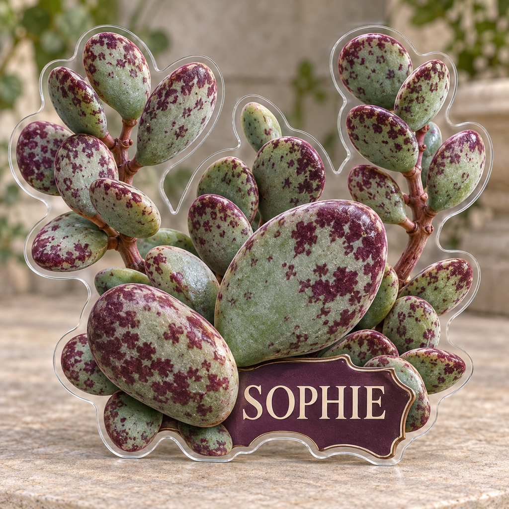 Front view of personalized adromischus calico heart garden acrylic plaque with sample name SOPHIE, displayed in a softly blurred warm succulent conservatory