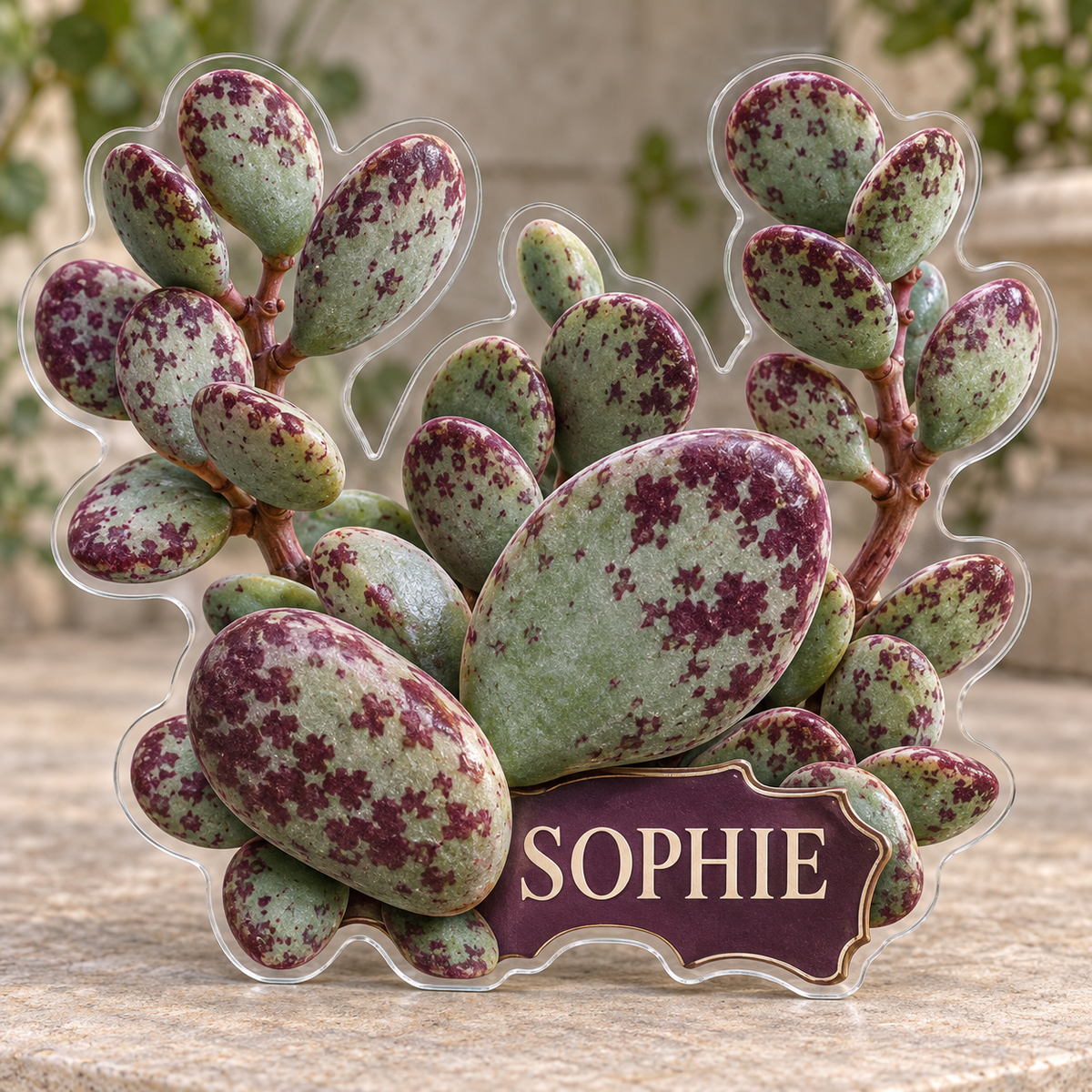 Front view of personalized adromischus calico heart garden acrylic plaque with sample name SOPHIE, displayed in a softly blurred warm succulent conservatory
