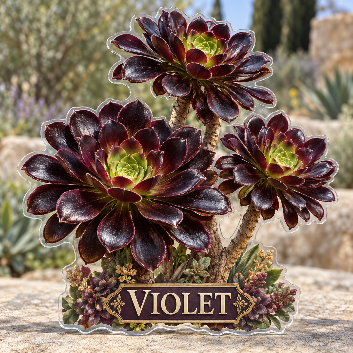 Front view of personalized aeonium black rose garden acrylic plaque with sample name VIOLET, displayed in a softly blurred warm Mediterranean succulent garden