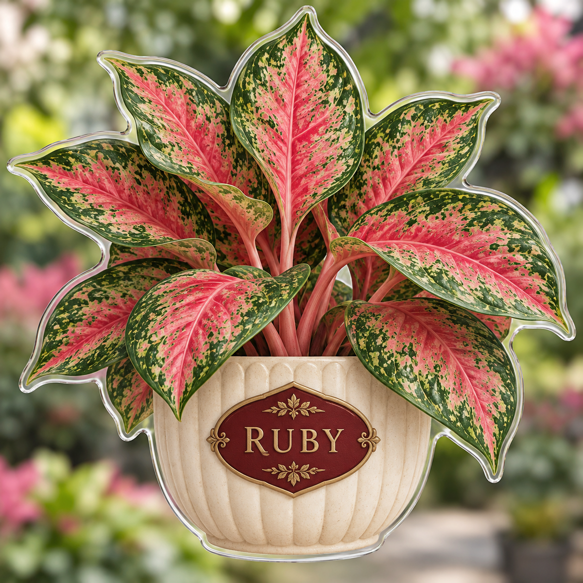 Front view of personalized aglaonema ruby garden acrylic plaque with sample name RUBY, displayed in a softly blurred sunlit aglaonema ruby garden