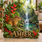 Front view of personalized agouti heliconia rainforest cove acrylic plaque with sample name AMBER, displayed in a softly blurred tropical naturalist sitting room on pale stone console