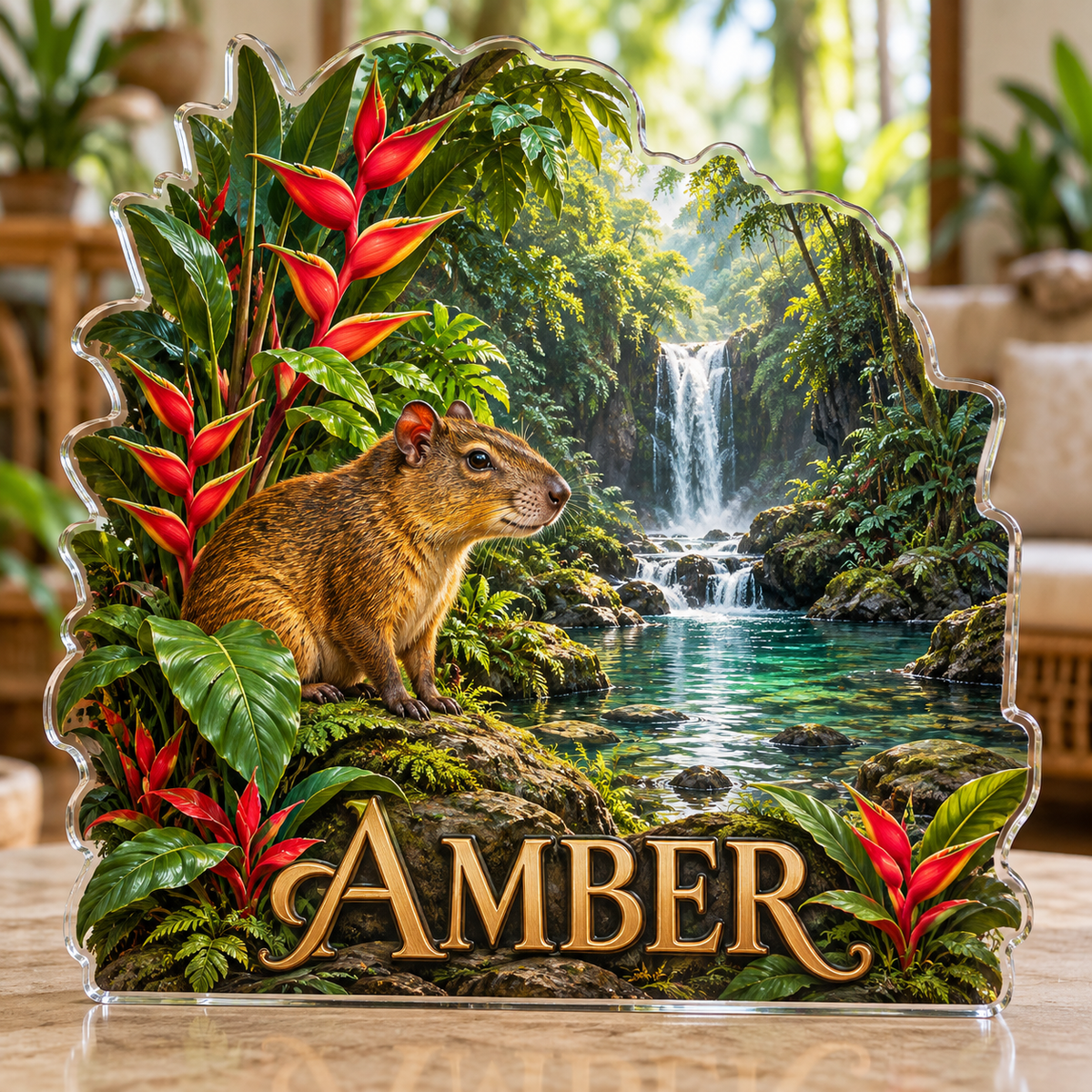 Front view of personalized agouti heliconia rainforest cove acrylic plaque with sample name AMBER, displayed in a softly blurred tropical naturalist sitting room on pale stone console